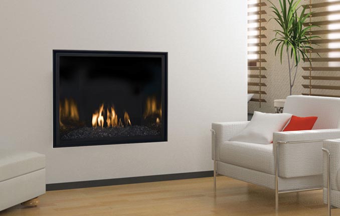 Mendota black porcelain fireplace with reflective lining