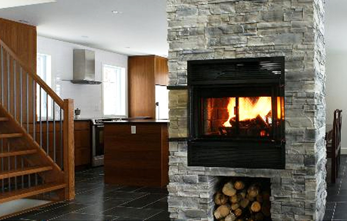 Valcourt see-through woodburning fireplace